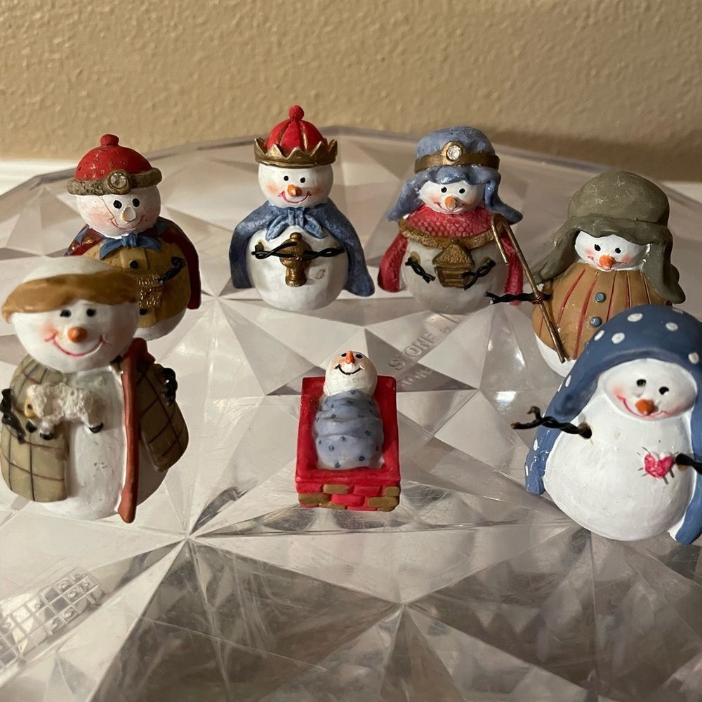 Jollies Follies Vintage Side 7 Piece Snowman Nativity Set Metal Arms CUTEEE